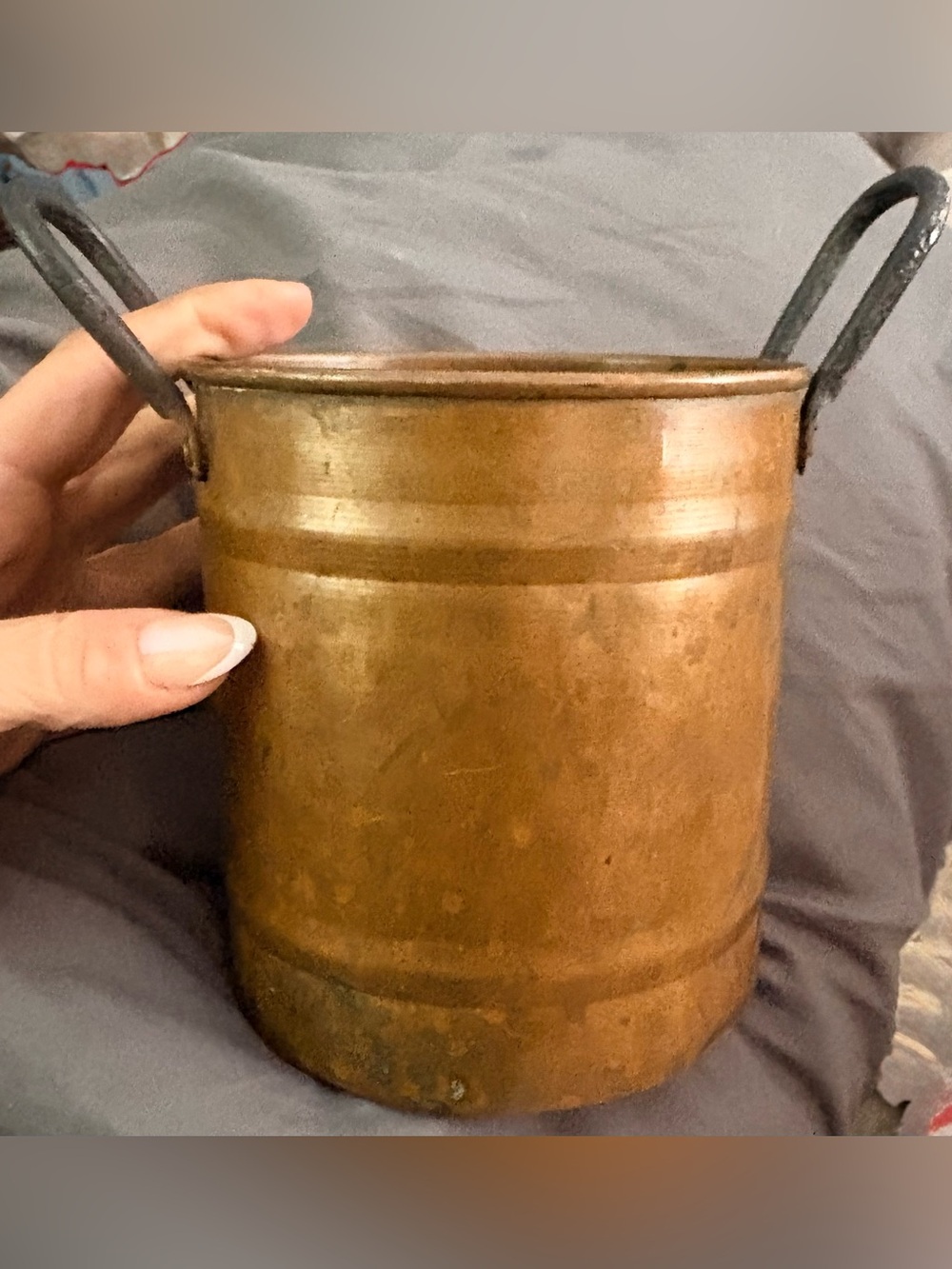 Vintage Copper Bucket with rod iron handles - Rustic 9.5"H, 10"D